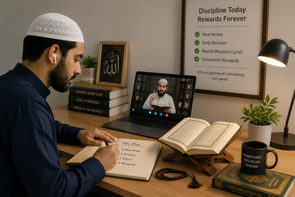 An adult attending an online Hifz class with a Quran tutor while following a structured memorisation and daily revision plan at home.