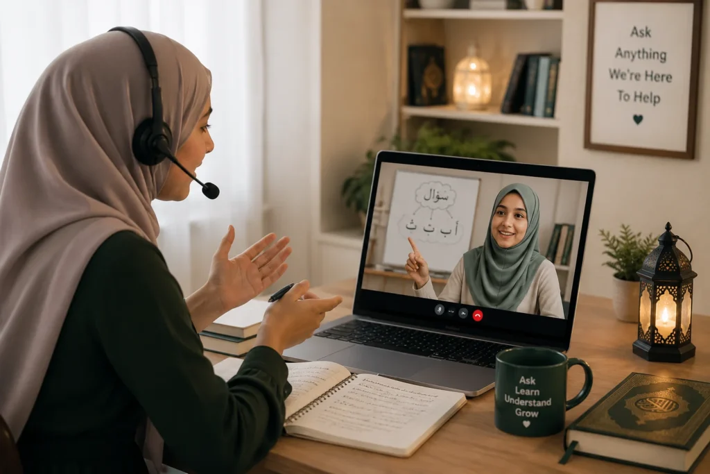 Student asking questions during a one-to-one online Quran lesson with a qualified female Quran teacher in a supportive learning environment.