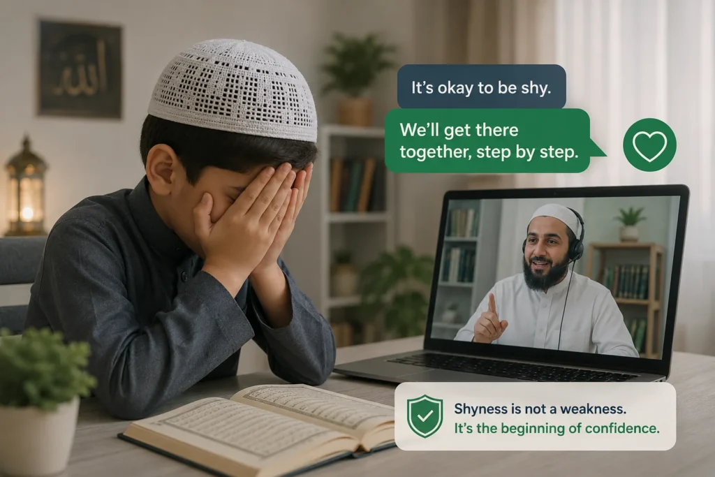 Quran Recitation Classes 1 A young student gaining confidence during an online Quran recitation lesson with a supportive Hafiz-certified teacher.