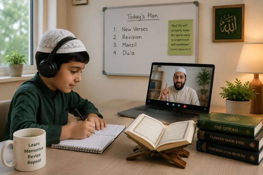 A child attending an online Hifz class with a Quran tutor, following a structured memorisation and daily revision routine from home.