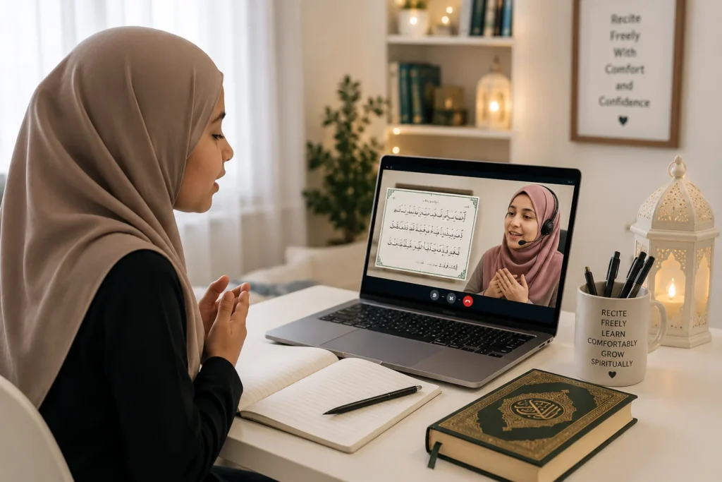 Young Muslim student reciting the Quran confidently during a one-to-one online lesson with a female Quran teacher.