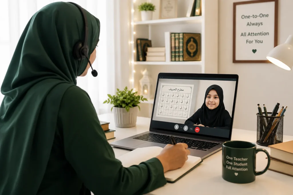 Female Quran teacher giving a one-to-one online Quran class to a young student in a private and comfortable learning environment.
