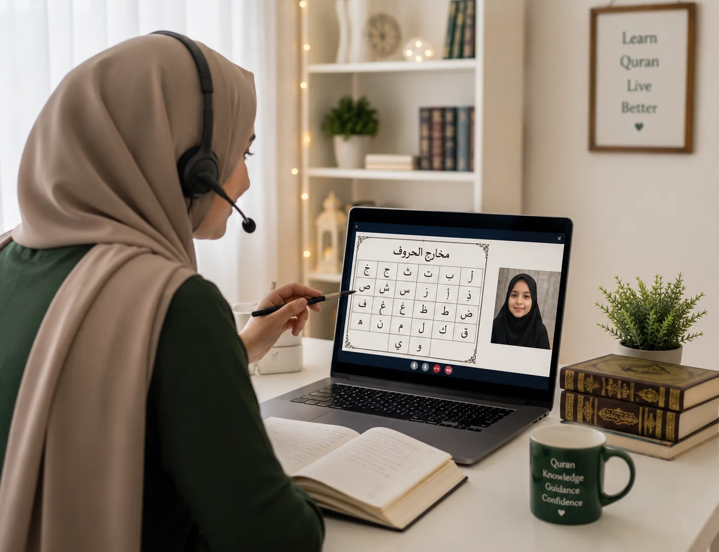 Female Quran teacher conducting a one-to-one online Quran class with a student in a comfortable home learning environment.