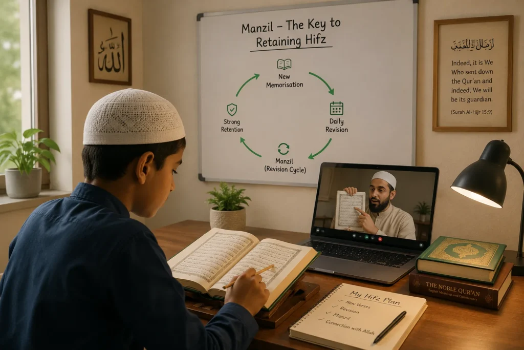 A student attending online Hifz classes while revising the Quran with a Manzil revision system to strengthen long-term memorisation.
