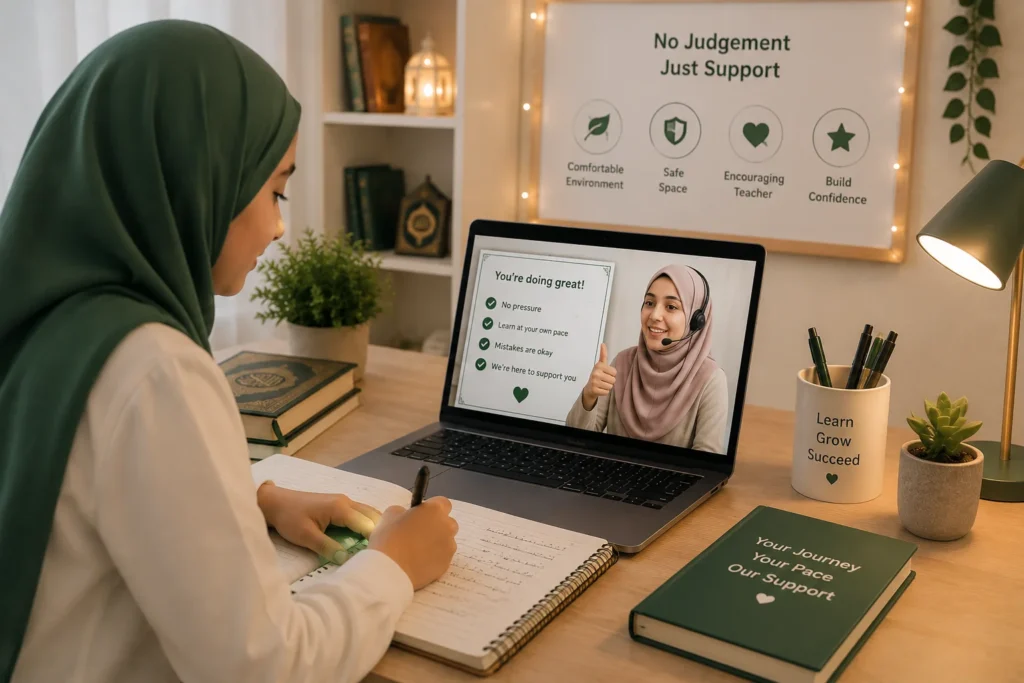 Adult student learning the Quran online with a female Quran teacher in a supportive, judgement-free one-to-one learning environment.