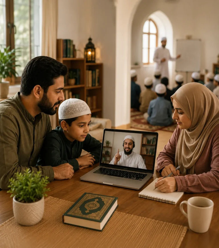 Online Quran Classes in Birmingham 1 Birmingham Muslim family attending a one-to-one online Quran class from home while staying connected with their local mosque community.