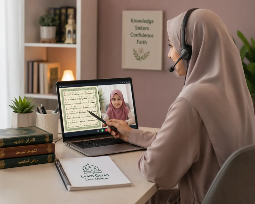 Female Quran teacher conducting a live one-to-one online lesson with a young student.