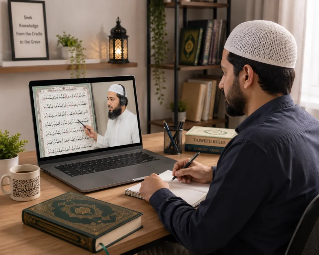 Online Quran Reading Classes 3 Adult learning to read the Quran online with a Hafiz-certified teacher during a one-to-one Quran reading class.