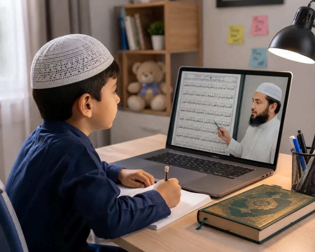 Online Quran Reading Classes 2 Child learning to read the Quran online with a Hafiz-certified teacher during a one-to-one Quran reading class.