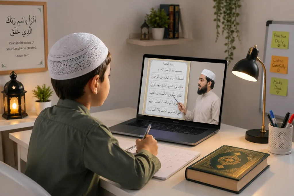 Online Quran Reading Classes 1 Child learning to read the Quran online with a Hafiz-certified teacher during a one-to-one Quran reading class.