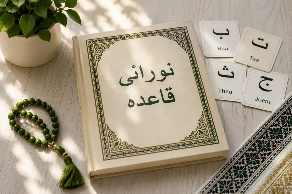 Noorani Qaida book with Arabic letter flashcards, representing the foundation of learning Quran reading and Tajweed.