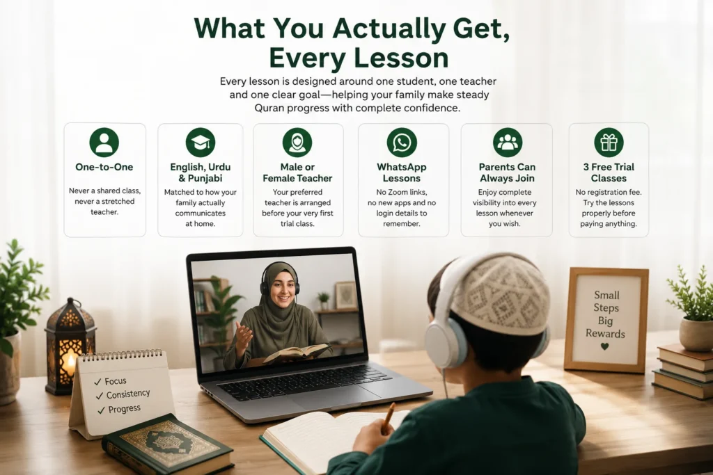 Online Quran Classes in Birmingham 2 Student attending a one-to-one online Quran class with a qualified Hafiz teacher, showing personalised learning for Muslim families.