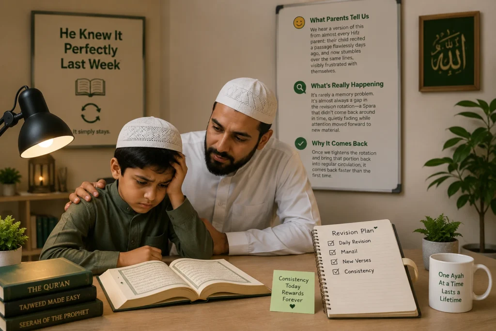 A parent helping a child during online Hifz classes after forgetting a memorised Quran lesson, highlighting the importance of regular revision.