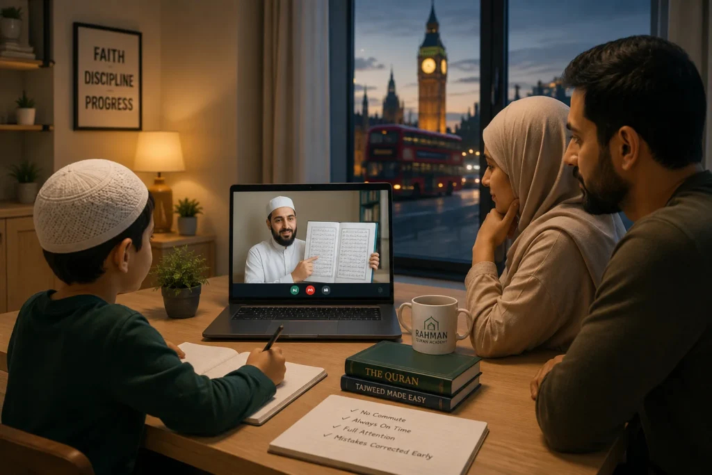 Muslim family in London attending one-to-one online Quran classes with a qualified Hafiz tutor from home during an evening lesson.