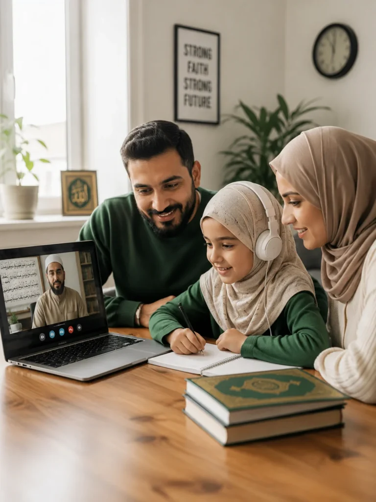 A Manchester Muslim family attending a one-to-one online Quran class from home with a qualified Hafiz tutor.