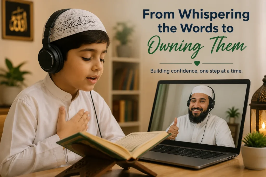Quran Recitation Classes 2 A young student confidently reciting the Quran during an online lesson after building confidence with a supportive Hafiz-certified teacher.