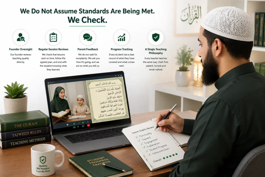 Founder reviewing an online Quran lesson to maintain teaching quality and student progress.