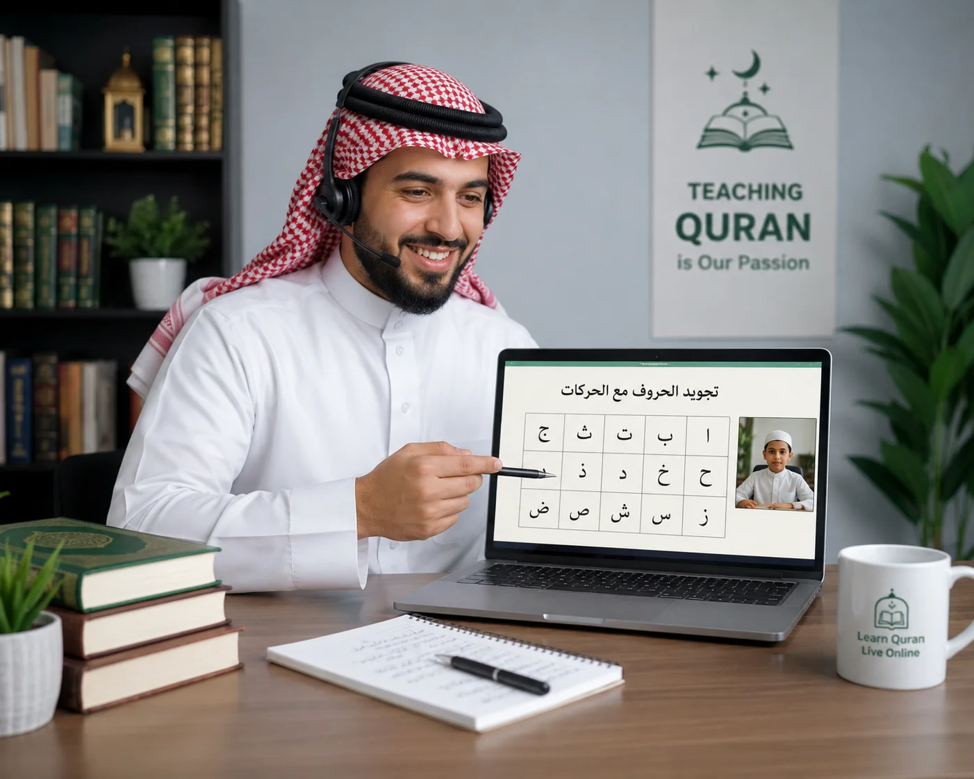 Qualified online Quran teacher delivering a live one-to-one Quran class for a student in the UK.