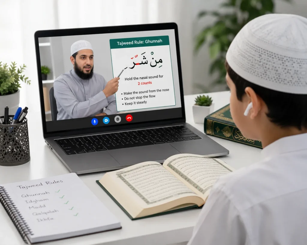 Online Tajweed Classes 1 Student attending one-to-one online Tajweed classes with a qualified Hafiz tutor in the UK.