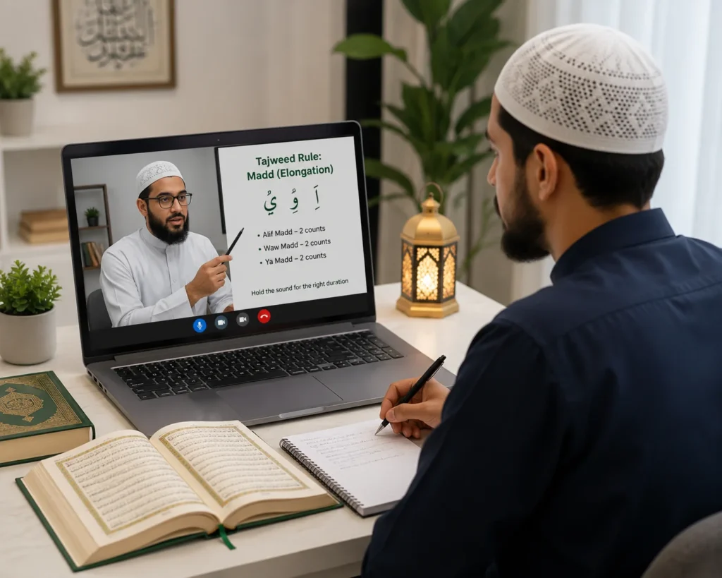 Online Tajweed Classes 2 Adult attending one-to-one online Tajweed classes with a qualified Hafiz tutor in the UK.