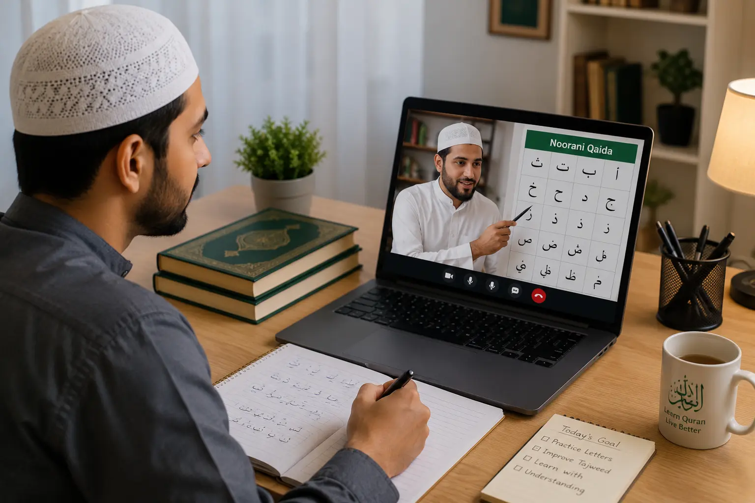 Adult student learning Noorani Qaida online during a one-to-one live Quran class with a qualified teacher.