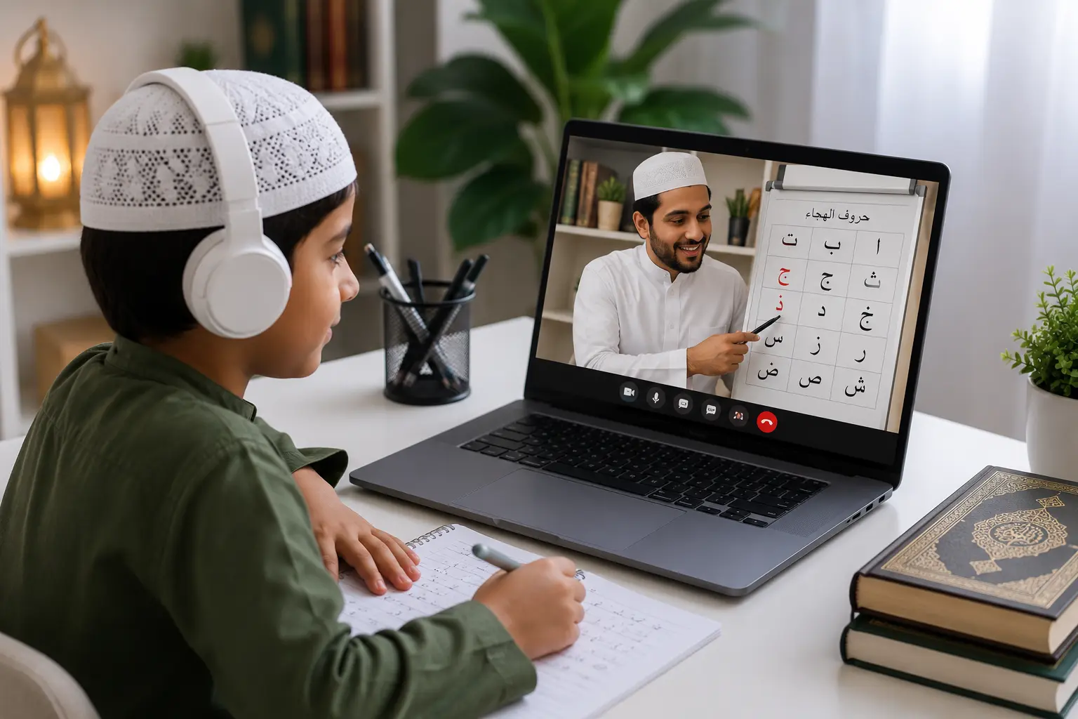 Young child learning Noorani Qaida online during a one-to-one live Quran class with a teacher.