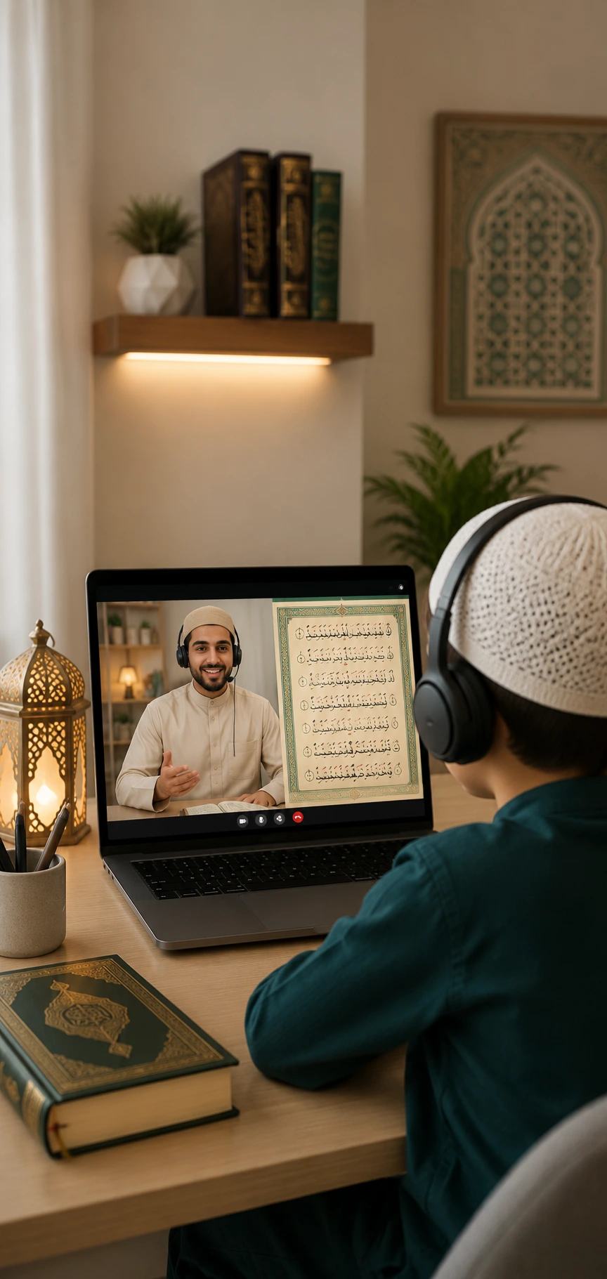 Qualified Quran teacher teaching a child during a live one-to-one online Quran lesson.