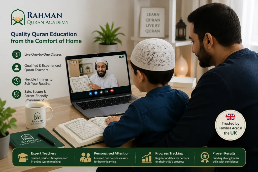 Teaching the Quran to Children: A Practical Guide for Parents 5 UK Child attending an online Quran class with a teacher