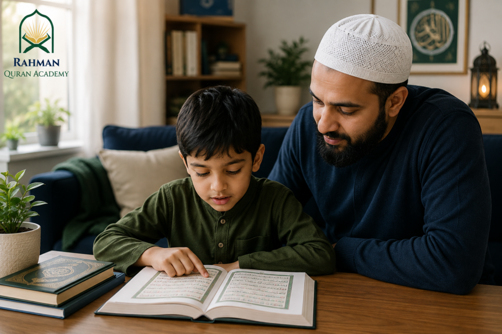 How to Start Teaching Your Child the Quran: A Beginner's Guide 4 Parent supporting a child with Quran reading practice at home