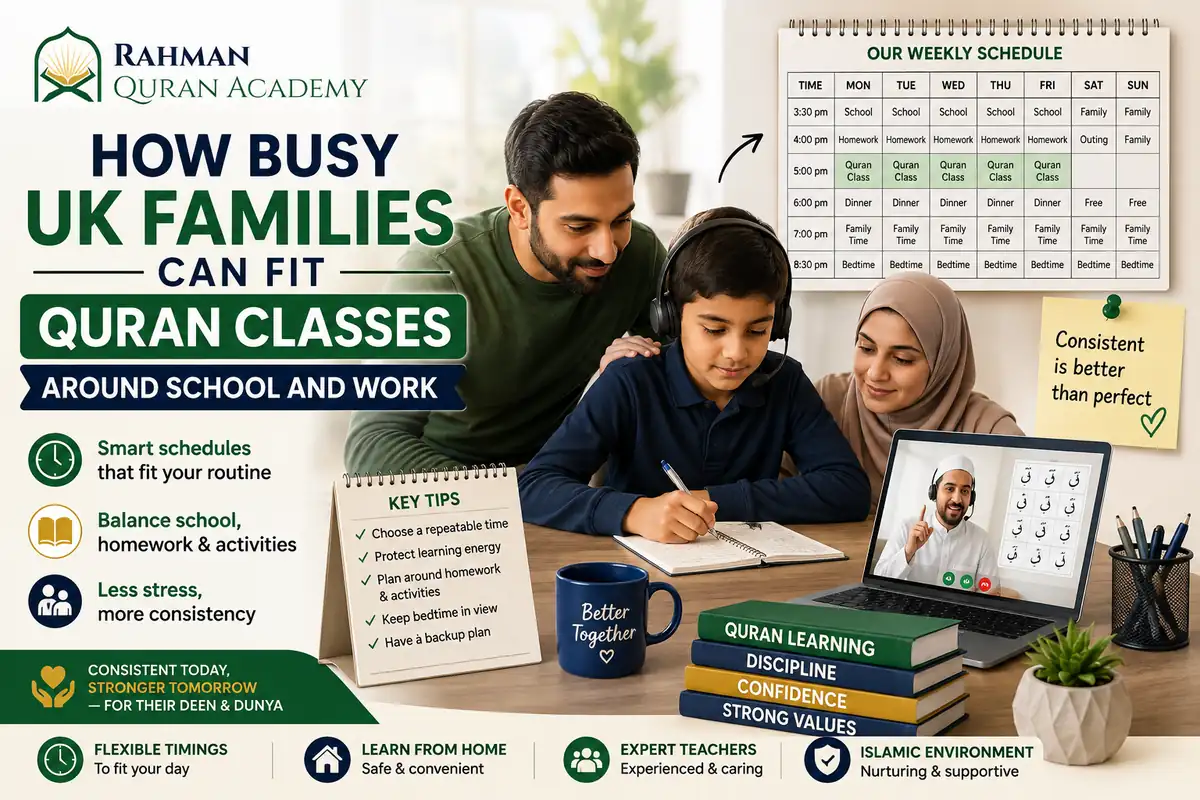 How Busy UK Families Can Fit Quran Classes Around School and Work 1 Online Quran classes schedule for busy UK families balancing school, work and family life