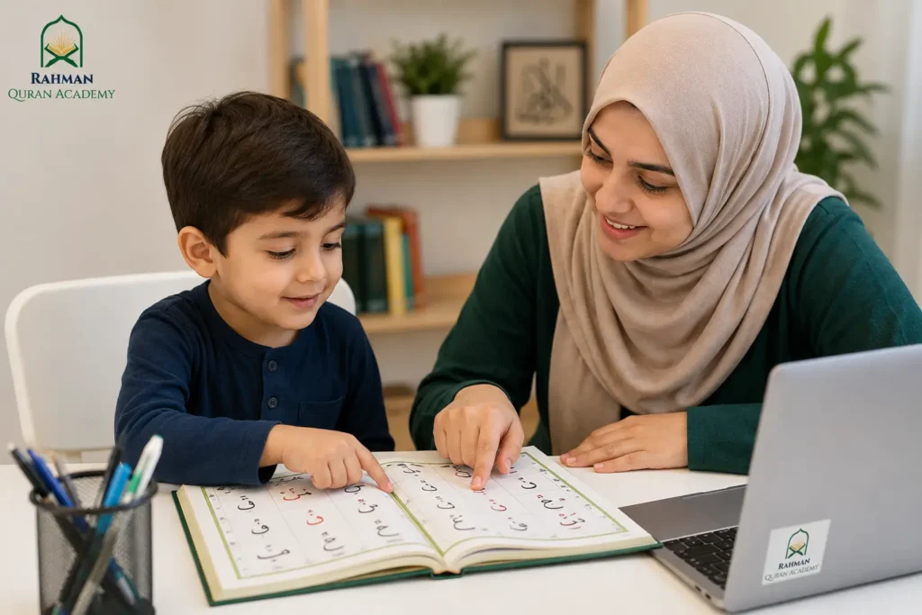 What Age Should Children Start Learning the Quran? 4 Young child learning Quran reading with a teacher using Arabic letters and Qaida