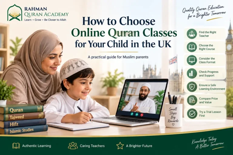 UK Muslim parent and child comparing online Quran classes on a laptop with teacher, course, schedule and trial lesson guidance