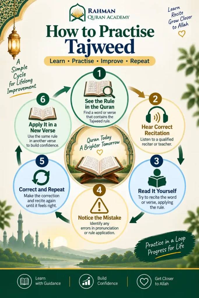 How to Learn Tajweed as a Beginner: A Step-by-Step Roadmap 7 Tajweed practice cycle showing six steps to learn, practise, correct and apply Tajweed in Quran reading