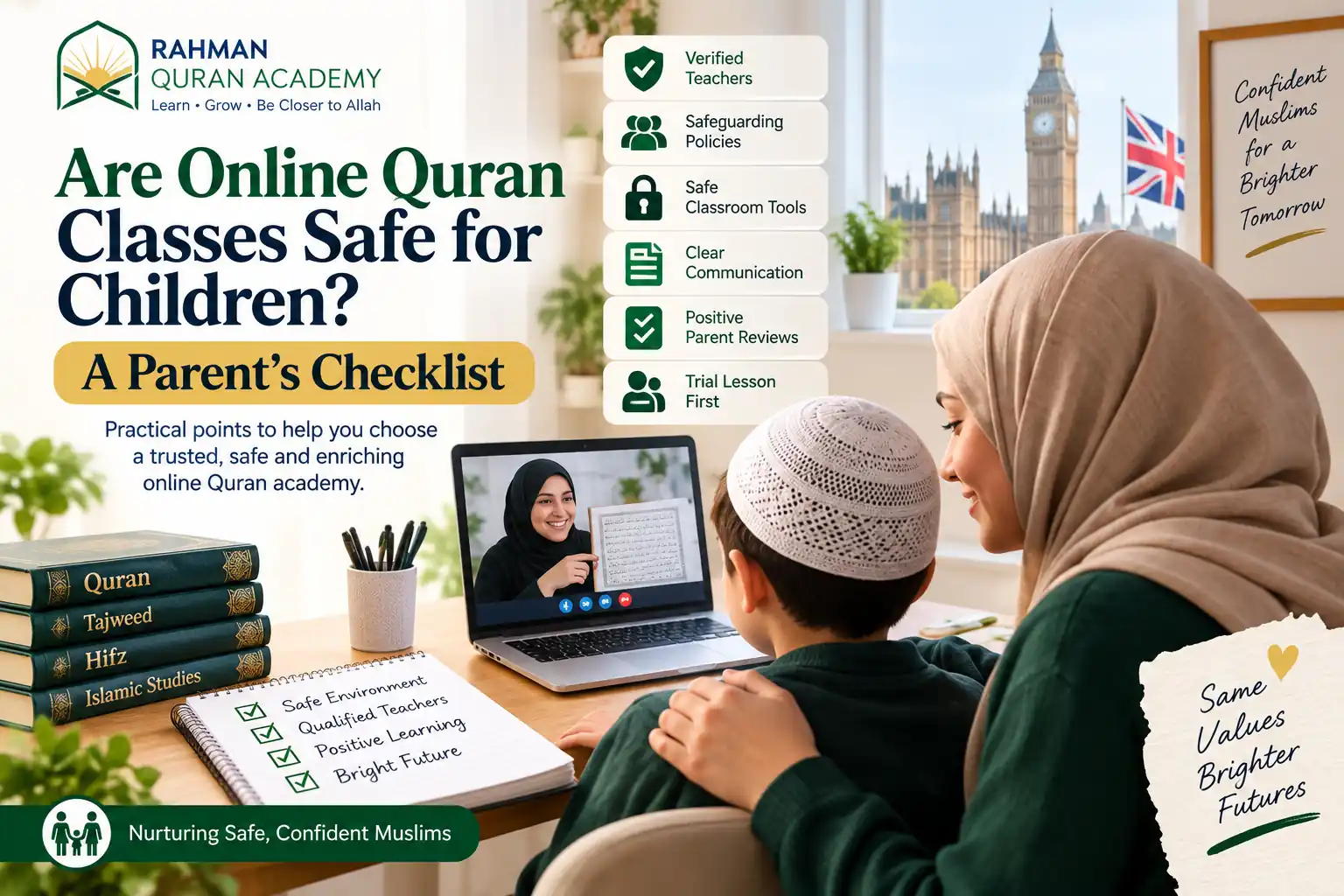 Online Quran classes safety checklist for UK Muslim parents showing teacher verification, safeguarding, secure communication, technology and child data protection