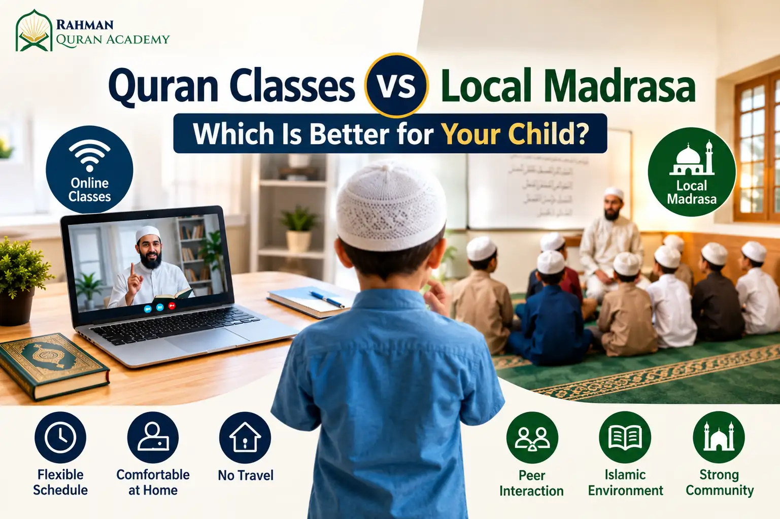 Online Quran classes versus local madrasa showing home learning and community-based Quran education for children