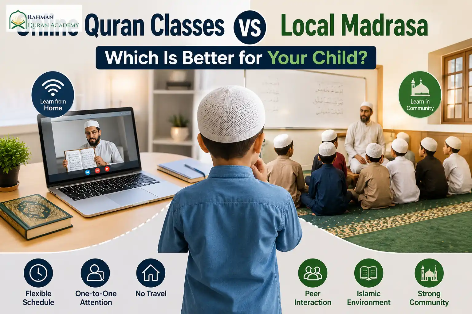 Online Quran Classes vs Local Madrasa: Which Is Better for Your Child? 1 Online Quran classes versus local madrasa showing home learning and community-based Quran education for children