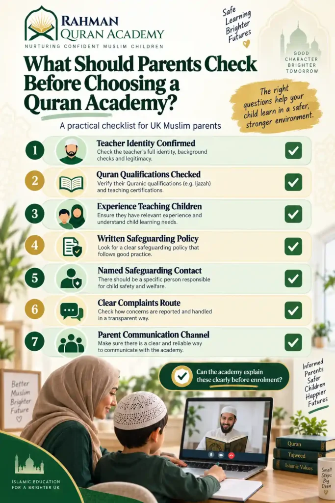Parent checklist for evaluating a Quran academy including teacher checks, safeguarding policy, complaints route and communication