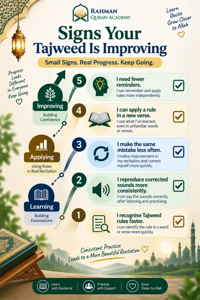 How to Learn Tajweed as a Beginner: A Step-by-Step Roadmap 8 Signs your Tajweed is improving shown through a self-assessment progress checklist for Quran reading