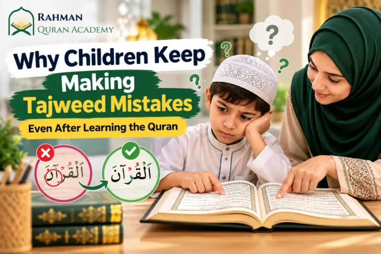 Child learning Tajweed with a Quran teacher to correct recitation mistakes