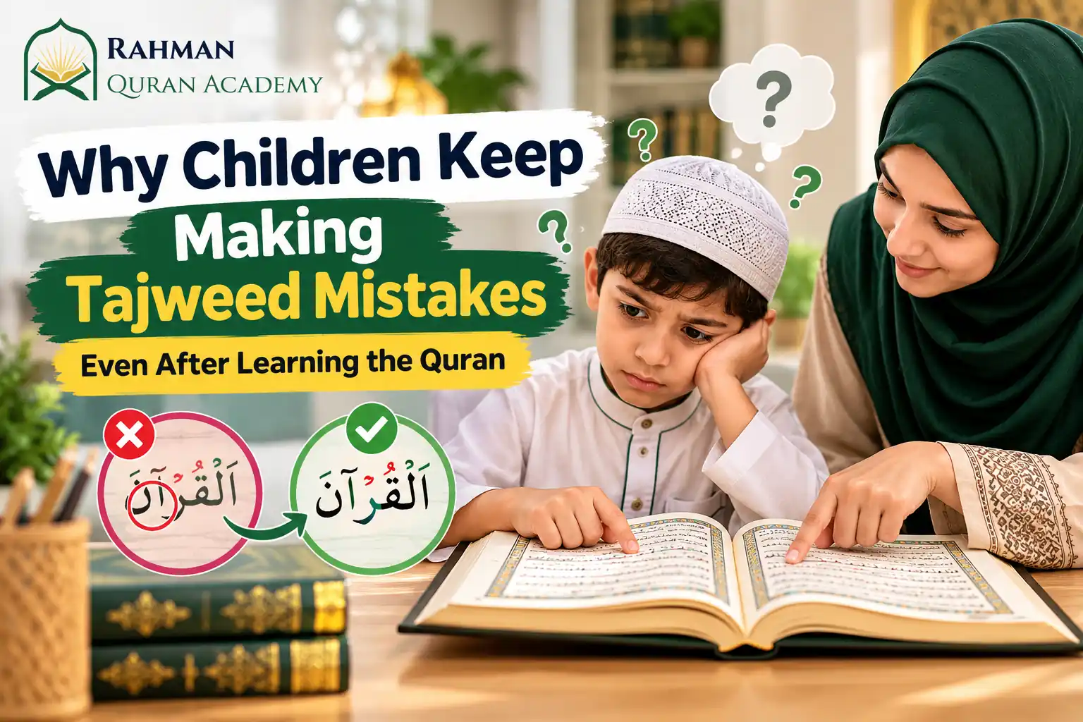 Why Children Make Tajweed Mistakes Even After Learning Quran 1 Child learning Tajweed with a Quran teacher to correct recitation mistakes