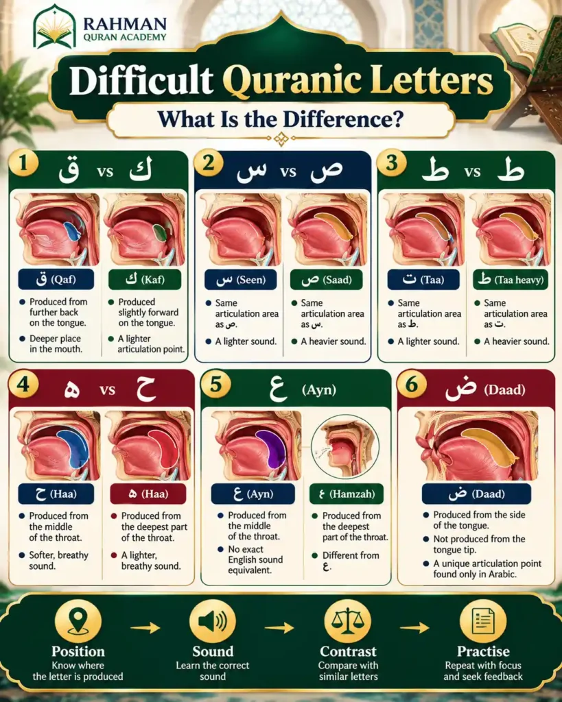 Comparison of difficult Quranic letters and their Makharij for pronunciation practice
