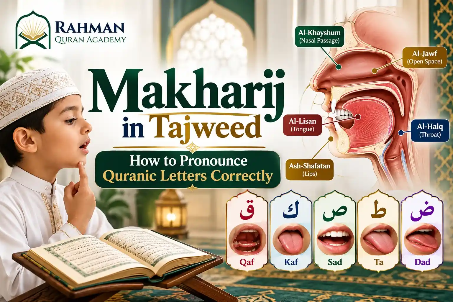 Makharij in Tajweed showing Quranic letter articulation points and pronunciation