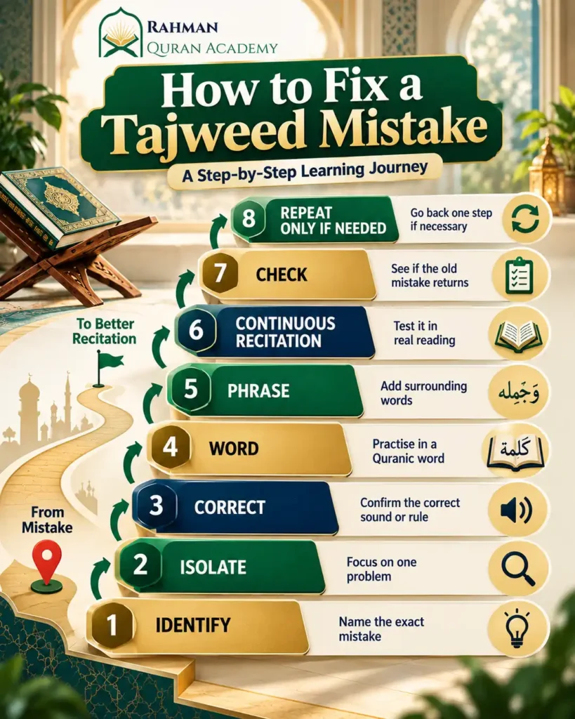 Step-by-step Tajweed mistake correction journey from identifying an error to Quran recitation