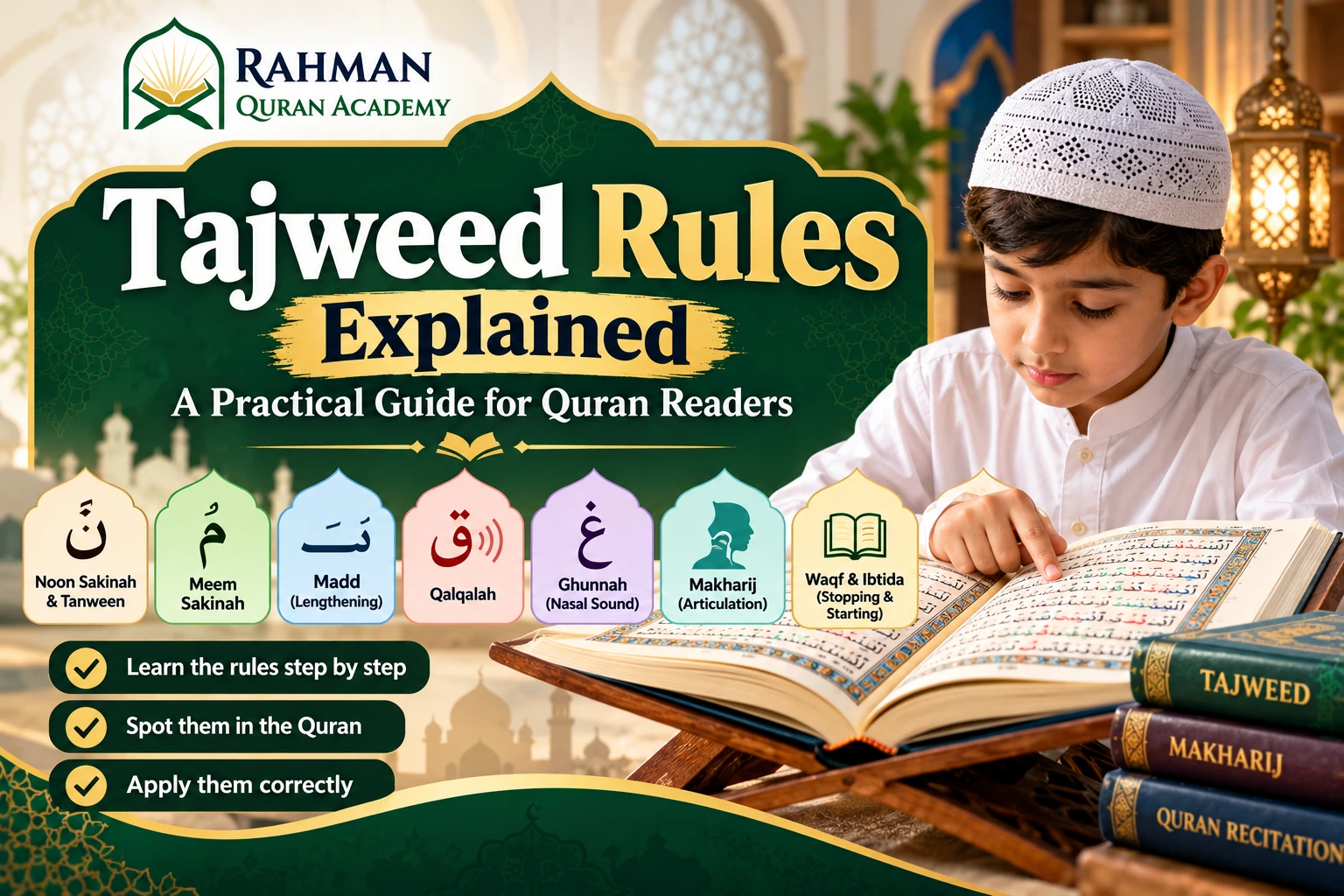 Tajweed rules explained with Quran reading, Makharij, Madd, Ghunnah and Qalqalah