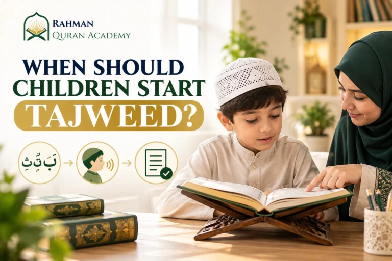 A child learning Quran pronunciation with a teacher to understand when to start Tajweed